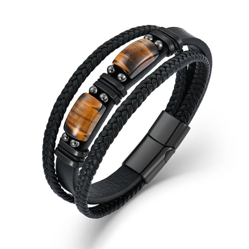 Gelang Batu Tiger Eye Hitam Pria Gelang Batu Mata Harimau Kulit Tali Multi-Lapis Alami
