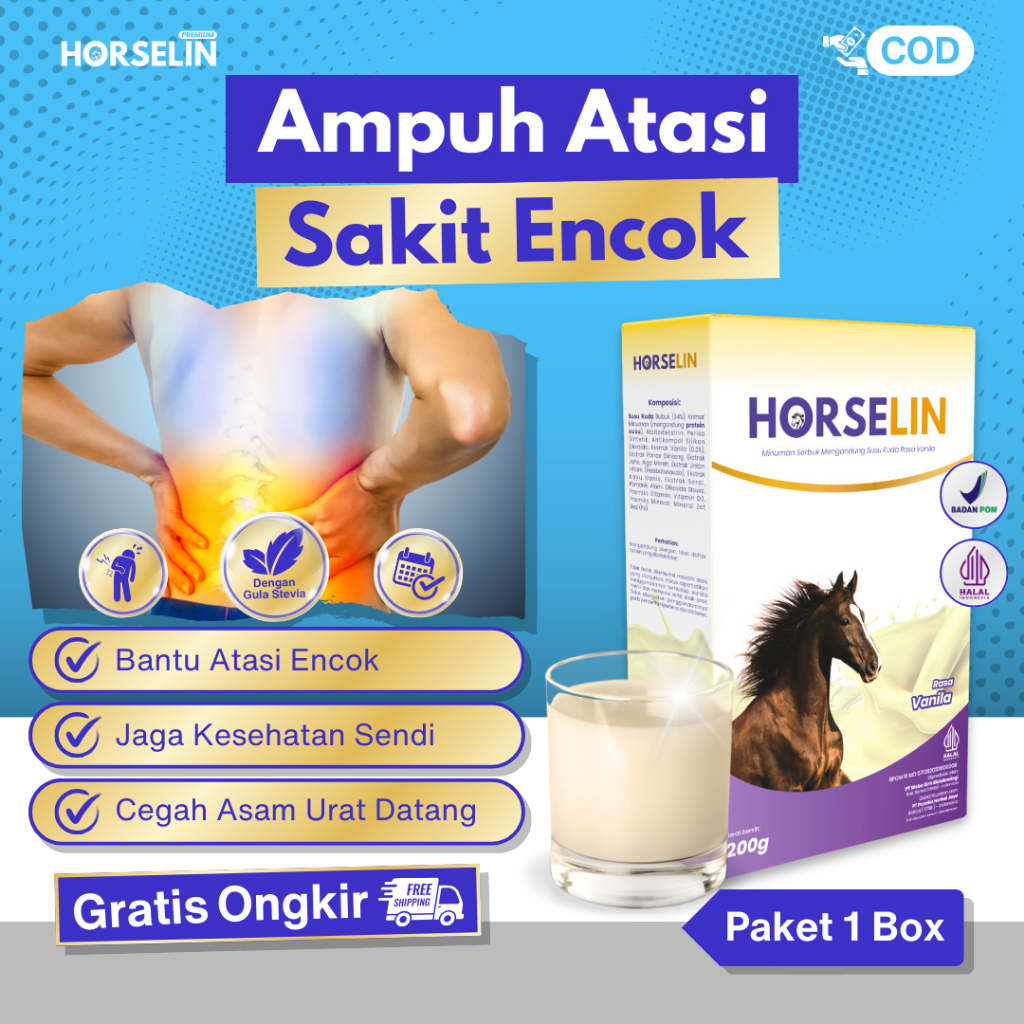 

Susu untuk ENCOK Nyeri Pinggang dan Nyeri Sendi Saraf Otot HORSELIN Susu Kuda Liar Sumbawa (200gr)
