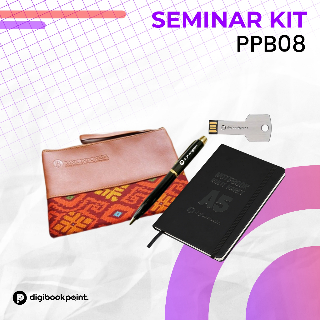 

Seminar Kit Custom PPB 8 | Pouch Kulit, Notebook Kulit Karet, Pulpen Besi Grafir, Flashdisk Besi/Kayu | Custom sesuai Desain