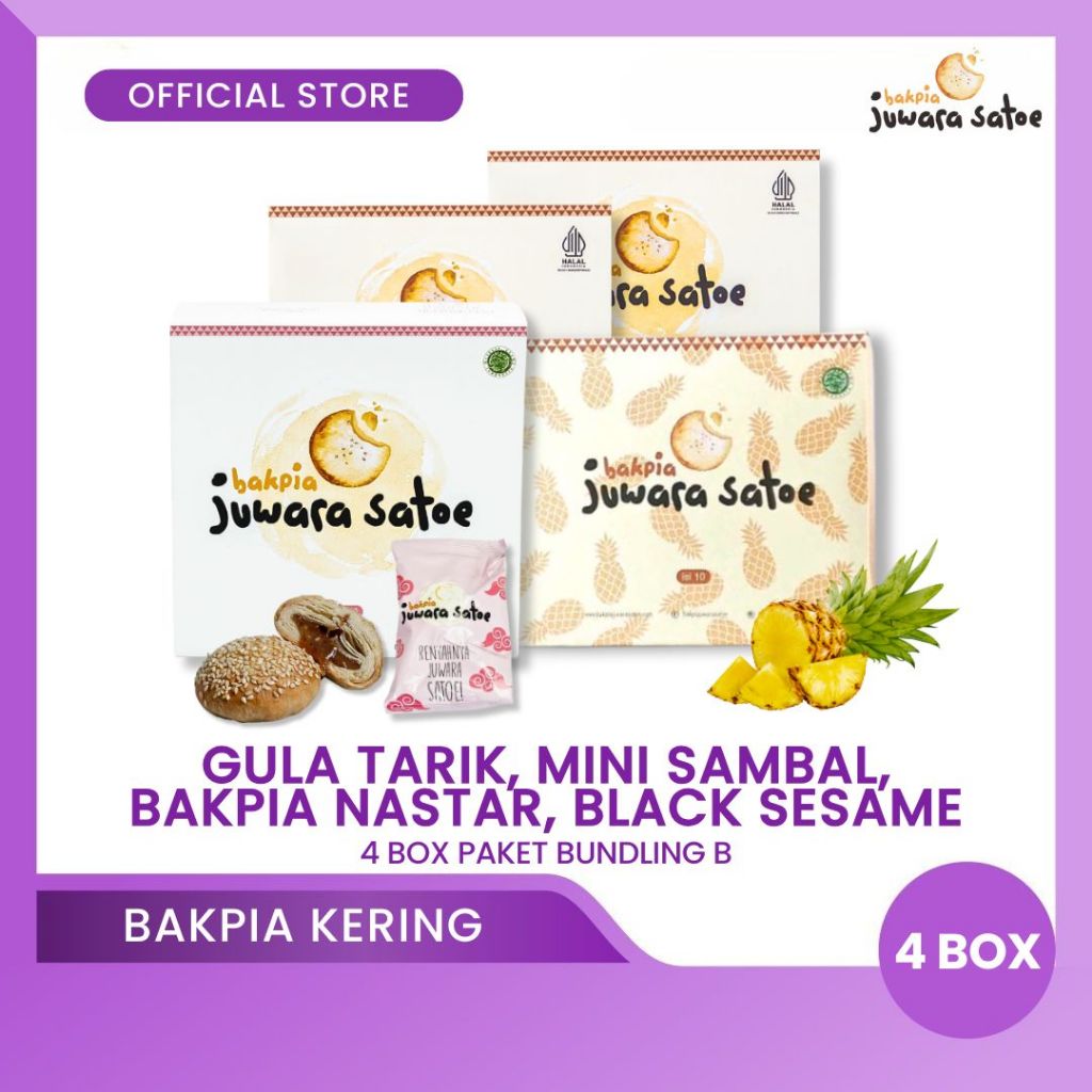 

BAKPIA JUWARA SATOE [ 4 Box ] Paket Bundling B (Gula Tarik, Mini Sambal, Nastar, Black Sesame) - Oleh Oleh Khas Jogja