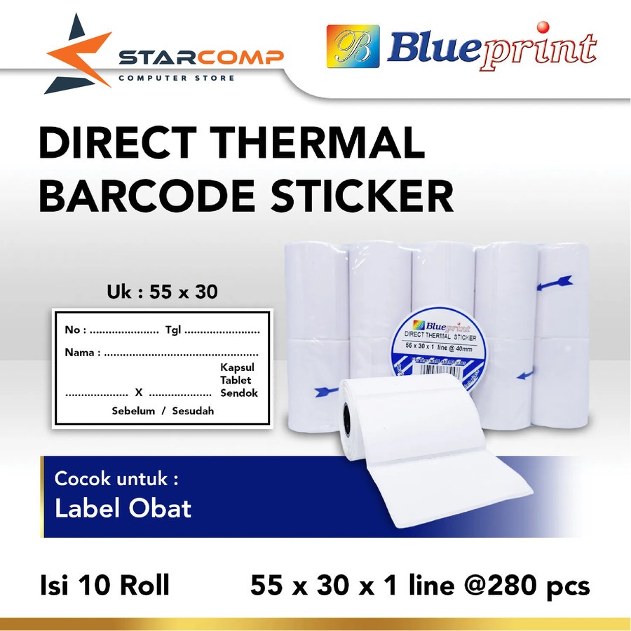 

Blueprint Kertas Label Sticker 55x30 mm 1 Line Direct Thermal Sticker 280pcs