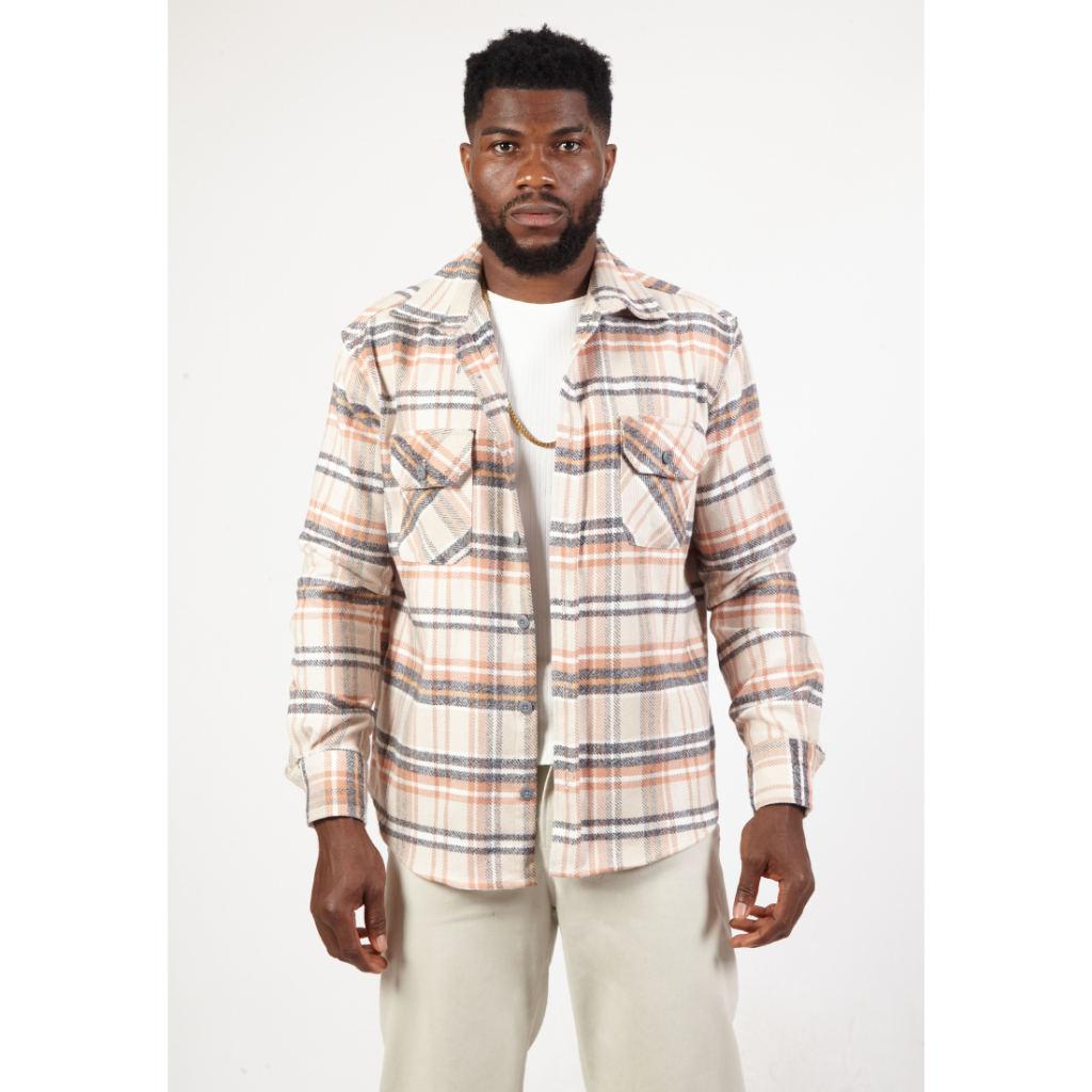 OCWA GINO OVERSIZED FLANNEL PLAID BEIGE CREAM GREY SHIRT