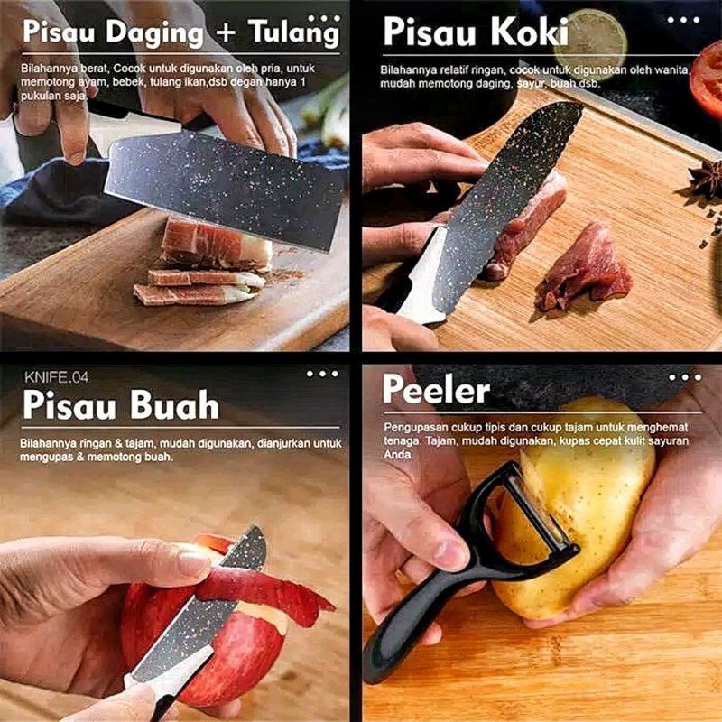 Pisau Dapur Isi 5 PCS /Set Pisau Dapur Isi 5 PCS Pisau Dapur + Peeler Hitam / Set Pisau Premium /
