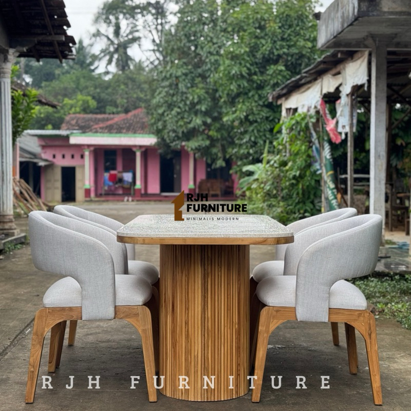 SET MEJA MAKAN K4 MARMER 160x80CM, DINING SET KAYU JATI, KURSI MAKAN MINIMALIS