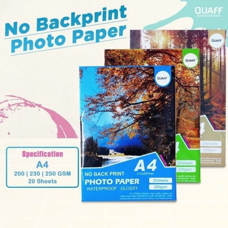 

Kertas foto QUAFF A4 tanpa cetak belakang 200GSM / 230GSM / 250GSM (20pcs/pack)