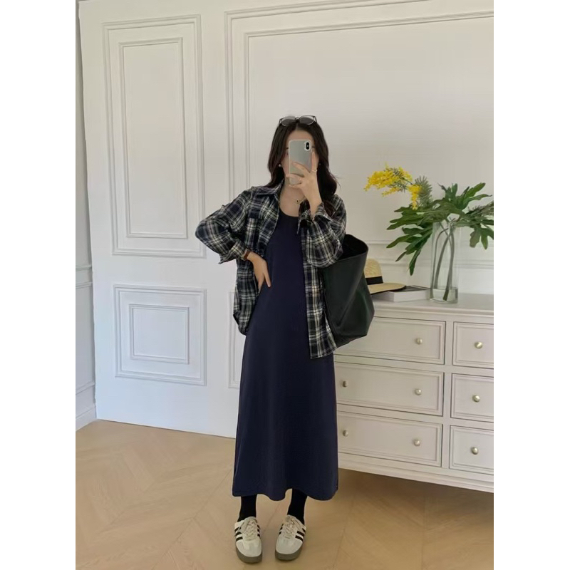 Nineties Studio - SET Sleeveless Dress & Outer Kemeja Kotak / korean dress / dress korea / kemeja ko