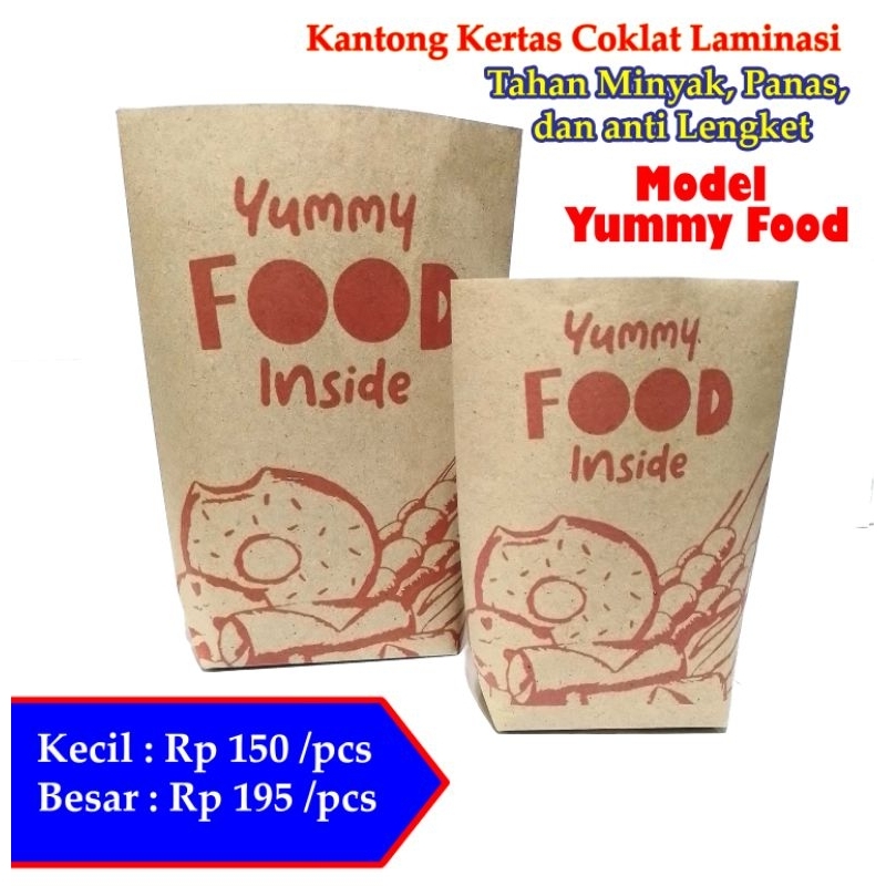 

Kantong kertas coklat laminasi ukuran kecil dan besar model YUMMY FOOD