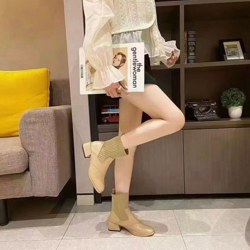 Boots Leather Knitted 3cm Heels Korean Style B48