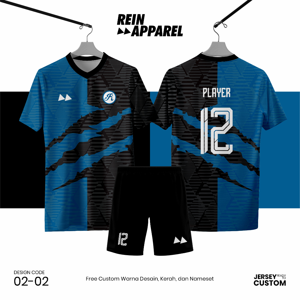 Jersey Bola Futsal Full Printing Kostum Nama/Nomor/Logo - Biru Hitam 0202