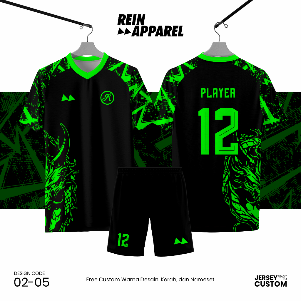 Jersey Bola Futsal Full Printing Kostum Nama/Nomor/Logo - Hijau Hitam 0205