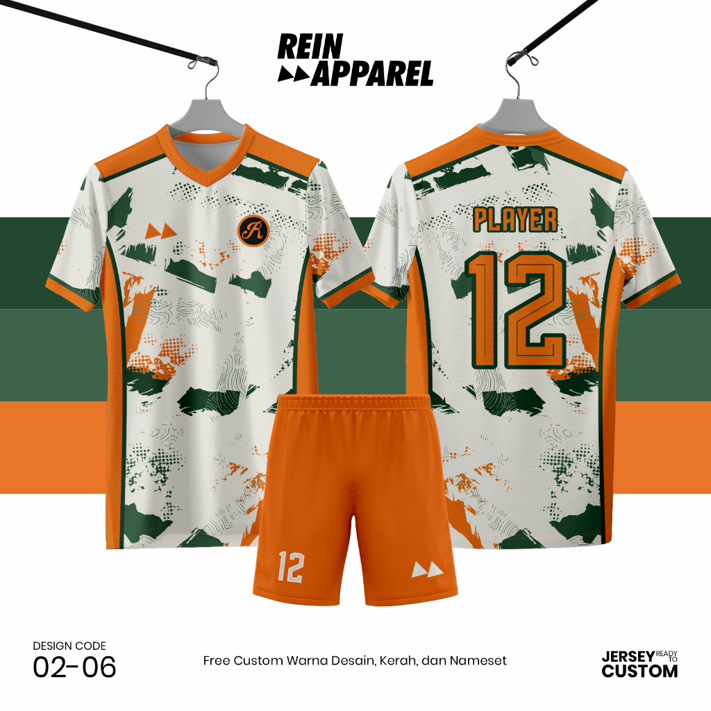 Jersey Bola Futsal Full Printing Kostum Nama/Nomor/Logo - Krim HIjau Oren 0206