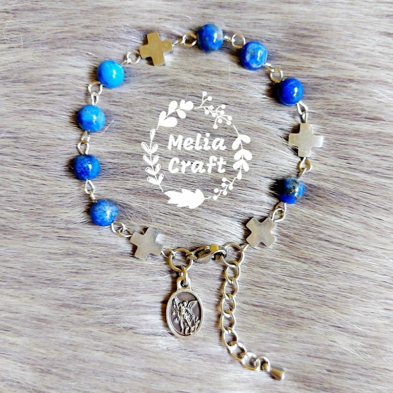 Gelang Rosario St. Michael Batu Lapis Lazuli Anti Karat - Liontin Made in Italy - Include Kartu Doa