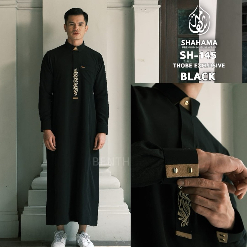 Thobe Shahama SH-145 Hitam Premium Jubbah Baju Gamis Pria Dewasa Modern Lengan Panjang Black