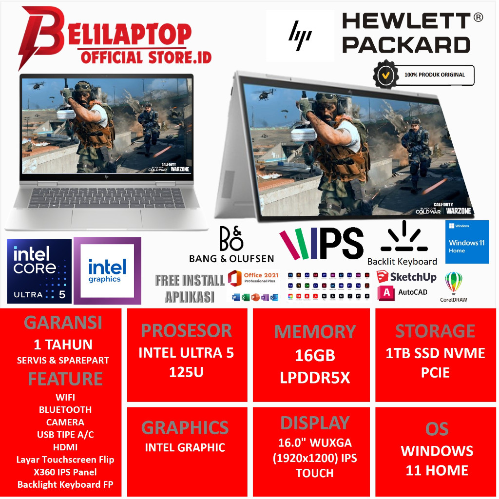 Paling Laris  Laptop Kantor Hp ENVY 16 INTEL CORE ULTRA 5 125U RAM 16GB SSD 1TB 16.0 Touchscreen