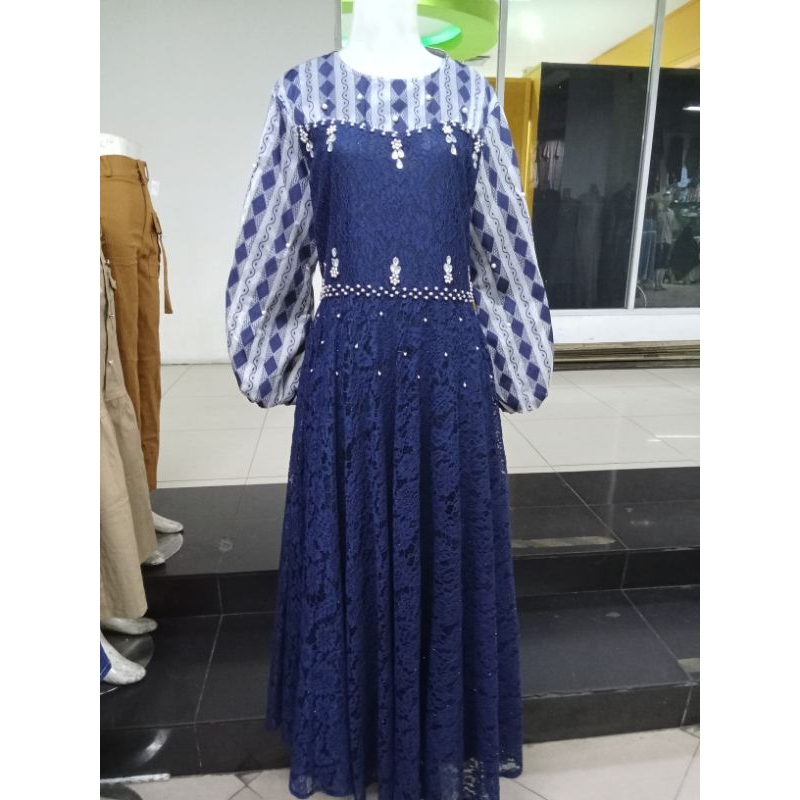 SALE GAMIS FULL BROKAT TEBAL LENGAN BALON MIX ORGANDI ROK MAYUNG LENGAN BALON MOTIF XL WARNA BIRU MU