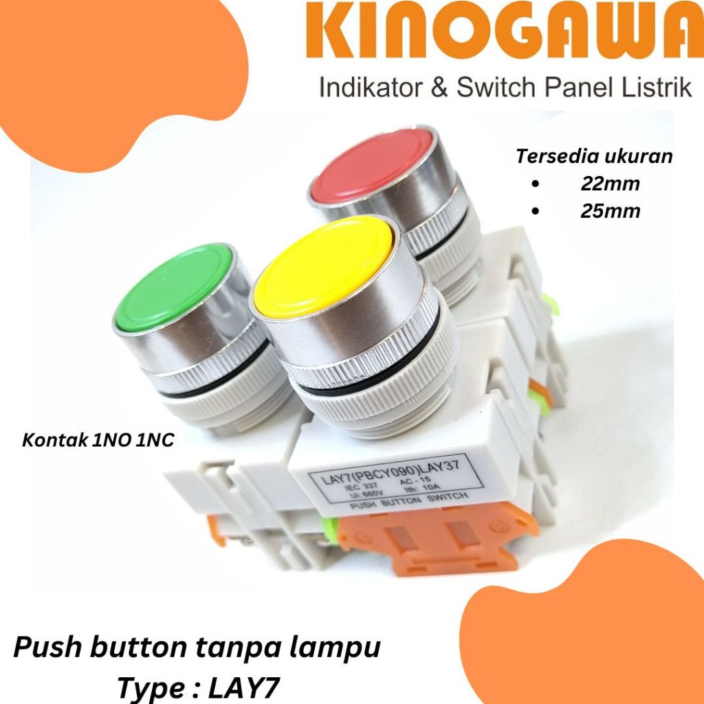 KINOGAWA Tombol On Off lubang 22mm 25mm Push Button ON OFF 22mm 25mm LAY7 1NO 1NC Spring Push Button