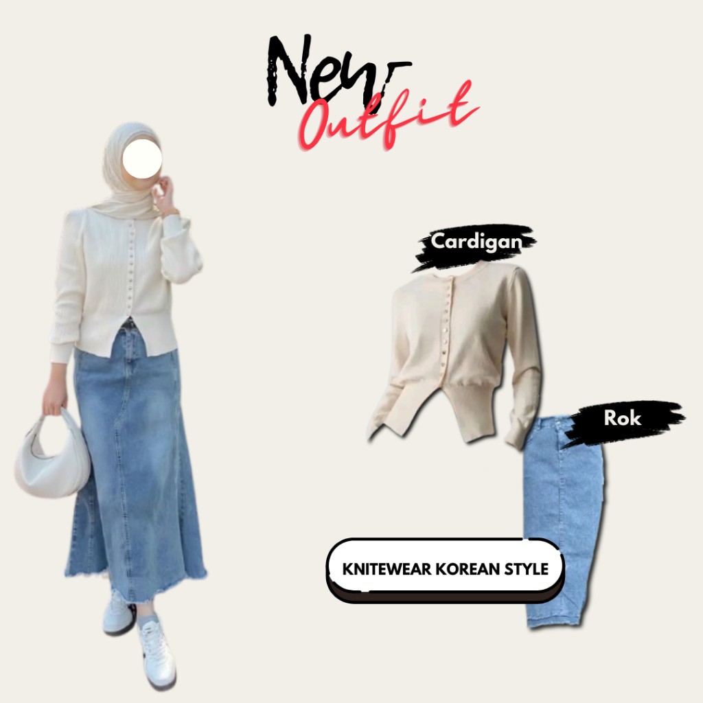 Outfit Oneset KNitewear Korean Style -(Cardigan+Rok Jeans+Hijab Segiempat)