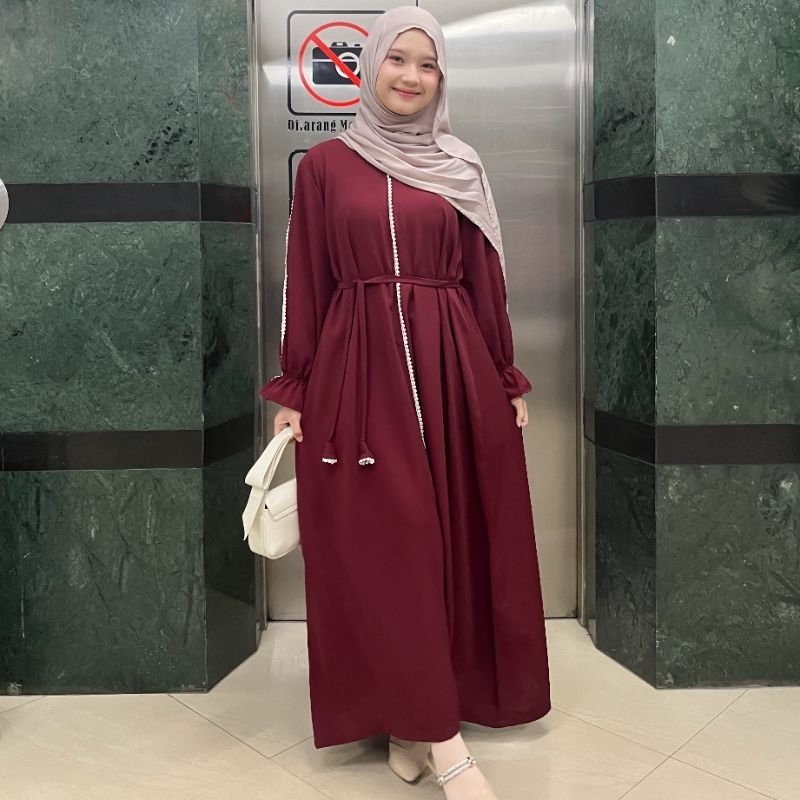 RIKAABLE ready stok gamis merah maroon lebaran raya outfit renda coklat cantik minimalis tali pingga