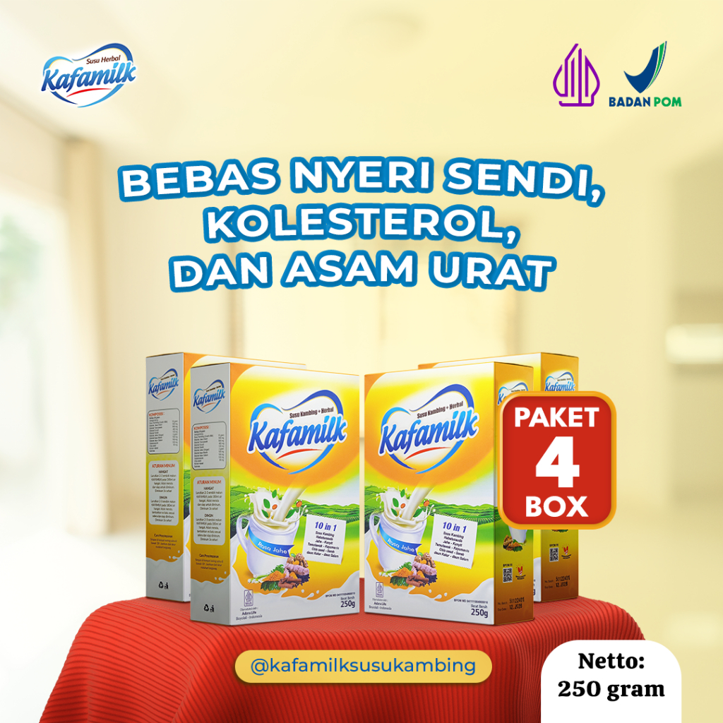 

KAFAMILK - Paket 4 Box 250 gram / Susu Kambing Herbal Atasi Asam Urat, Kholesterol dan Osteoporosis