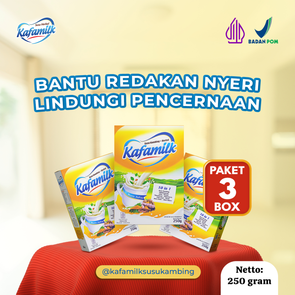 

KAFAMILK - paket 3 box @250gram, Susu Kambing Herbal atasi badan pegal linu, nyeri otot dan sendi