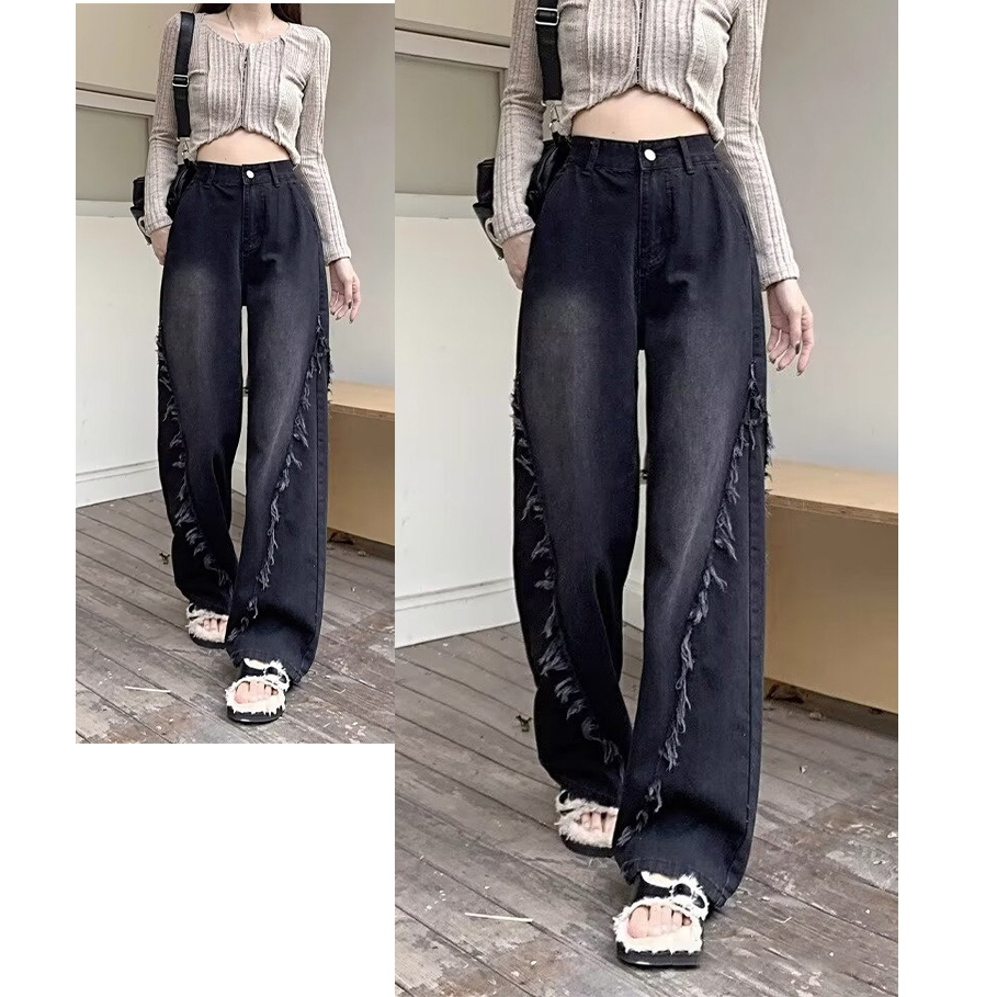 OOTD Celana Jeans Panjang Wanita Celana Hitam Wanita Celana Denim Kulot / Straight Fashion Wanita