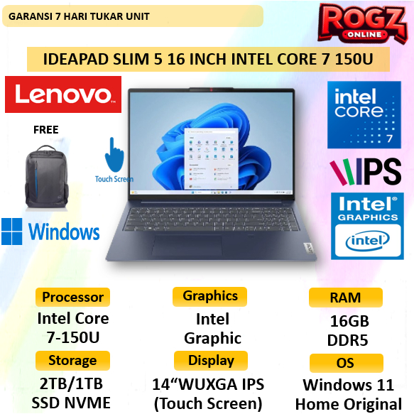 Lenovo IdeaPad Slim 5 Touch Core 7-150U 16GB 2TB SSD W 11 Touch screen