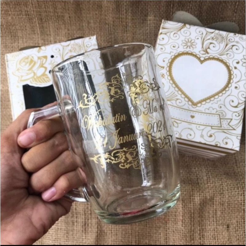Gelas oval jumbo bening custom nama kemas bok