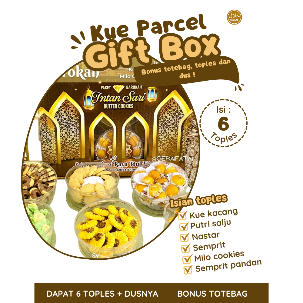 

BISA COD HAMPERS PARCEL GIFT BOX ISI 6 TOPLES BONUS TOTEBAG KUE KERING COOKIES NASTAR PUTRI SALJU MAKASSAR (HALAL, SUDAH ADA IZIN PIRT)