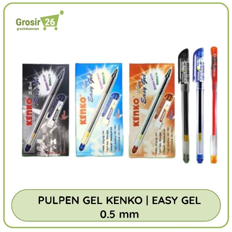 (1 box) pulpen / pena / pen gel cair  tinta basah kenko easy gel 0.5 mm hitam | biru | merah