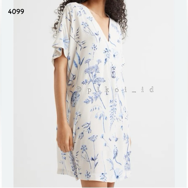 Dress rayon wanita busui leher v neck / flare dress putih biru / loose midi dress / jungle dres 5014