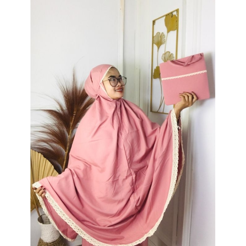 Mukena katun premium polos renda rajut mewah import