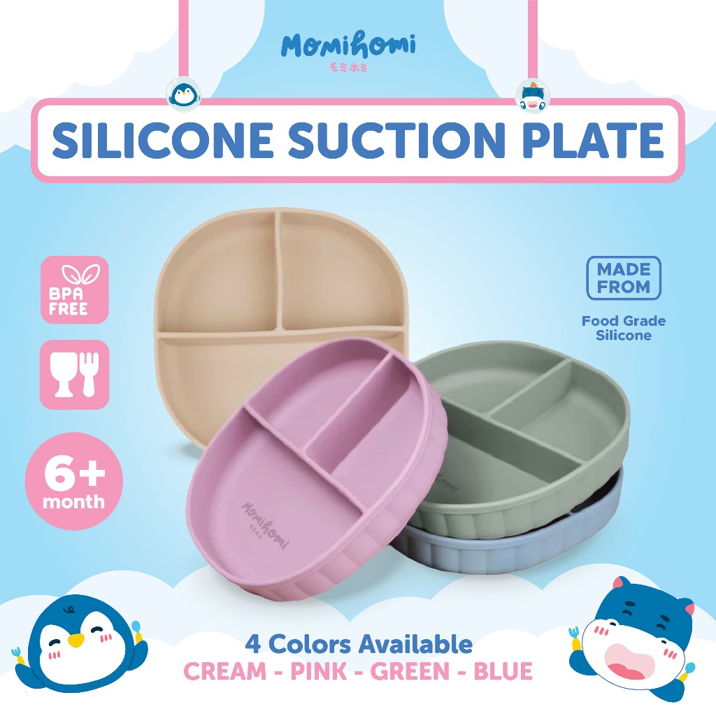 Momi Homi SET MPASI Celemek Piring Sendok Dan Gelas Silicone Baby Slabber Anti Slip Anti Tumpah Seka