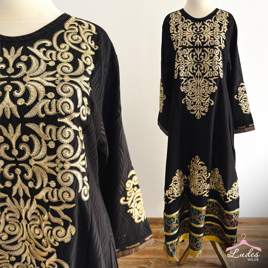 Gamis Hitam Embroidery Gold – Elegan & Mewah untuk Pesta