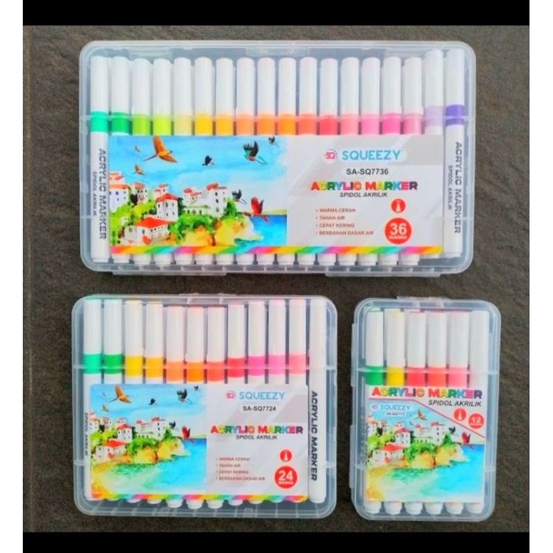

SQUEEZY SPIDOL AKRILIK MARKER / ACRYLIC Brush Permanent Pen Marker 24 Warna dan 12 Warna