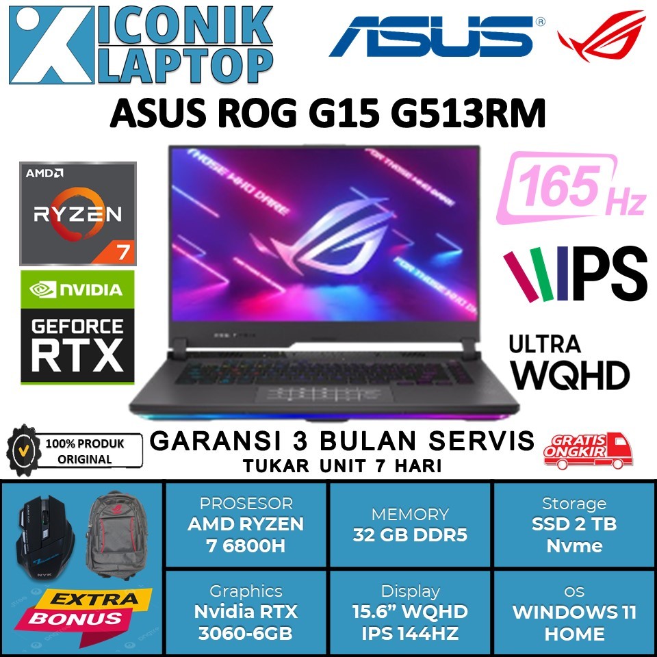 Promo ASUS ROG G15 G513RM AMD RYZEN 7 6800H 32GB DDR5 2TB NVidia RTX 3060 6GB 165HZ BLACK