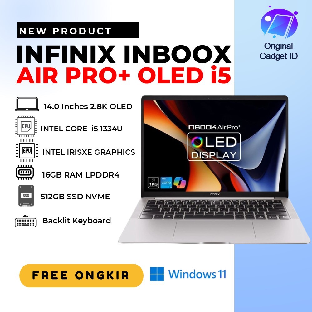Laptop infinix inbook Air PRO+ Oled Core i5 1334u 16gb /512gb layar 120Hz windows 11 +Office