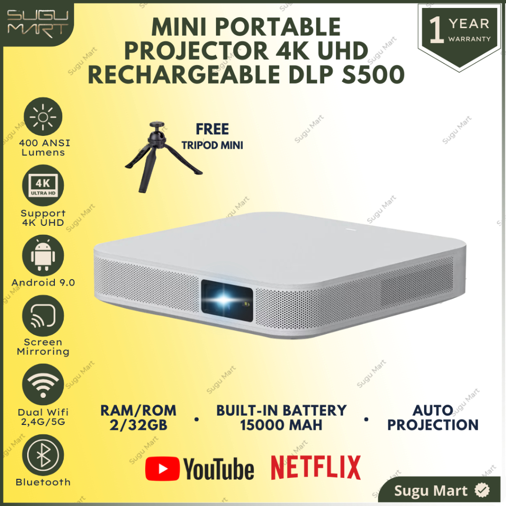 Proyektor Mini Dlp S500 Android 400 Ansi Lumens RAM 2 / 32 GB| Proyektor build in battery | Proyekto
