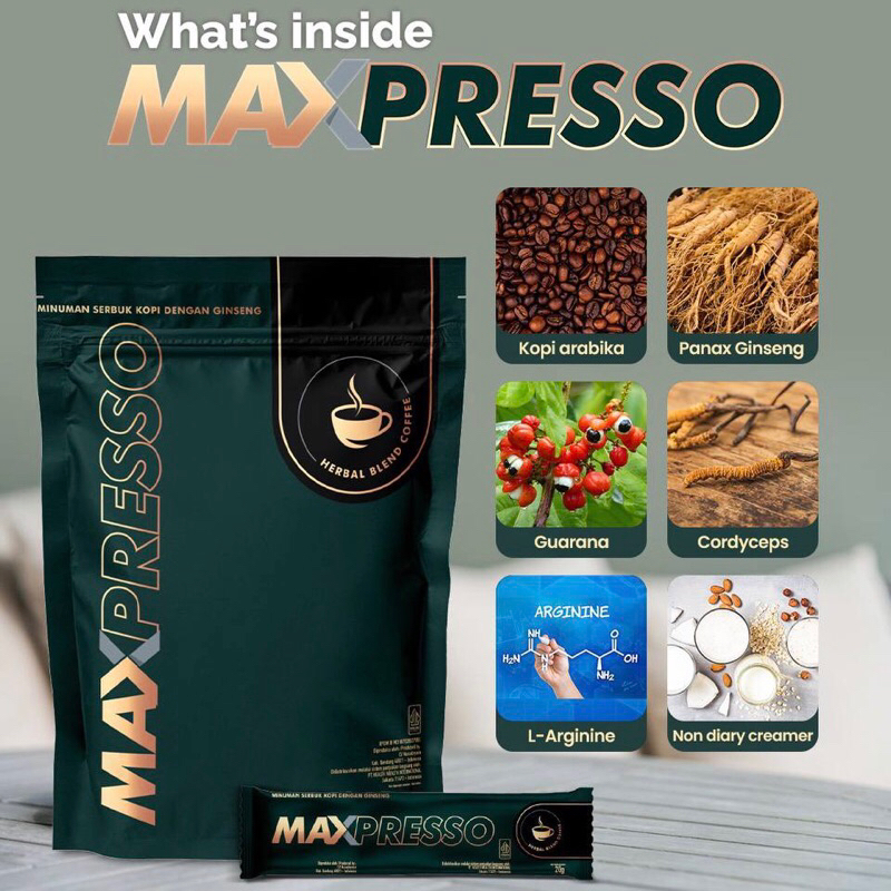 

MAXPRESSO HWI Original 100% Ginseng Stamina Pria 5 Sachet / Maxpresso Coffee Herbal Kuat tahan lama Untuk Pria / Kopi Stamina Pria