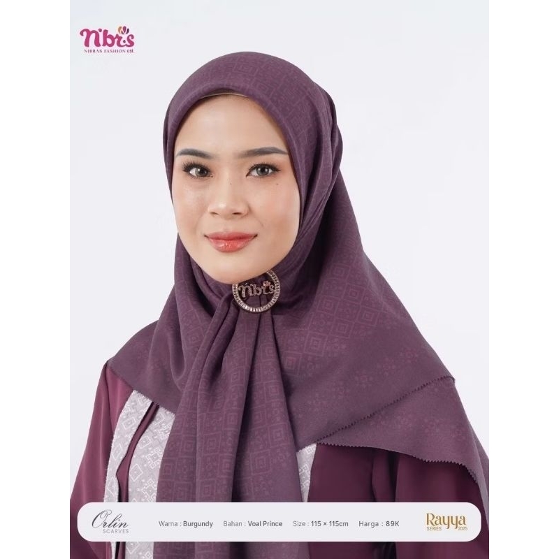 Orlin Scarf Hijab Voal Prince Motif Warna Burgundy - Lilac 115x115cm - Nibras Rayya Series 2025
