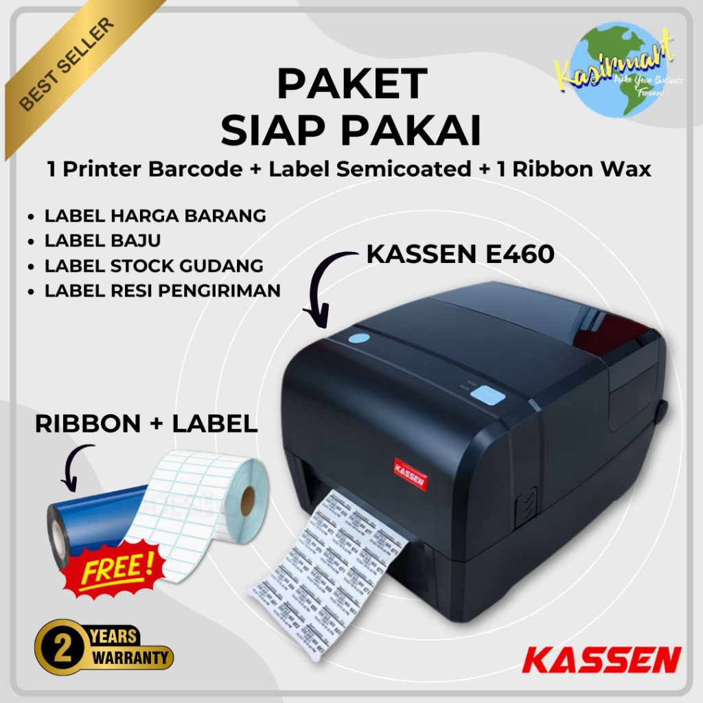 Kassen E460 Printer Label Barcode USB LAN KASSEN E460 Stiker Transfer Thermal Resi Ribbon E 460 E460