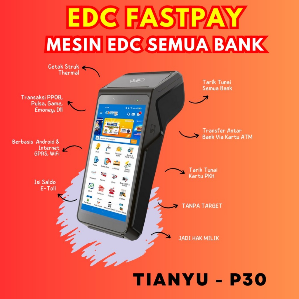 Mesin EDC Android Mini ATM - EDC Fastpay, BRI, Mandiri, Bukopin Semua Bank - Tianyu P30