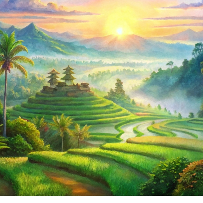 Lukisan Pemandangan Bali Pesona Pagi Ubud: Terasering Hijau yang Memukau