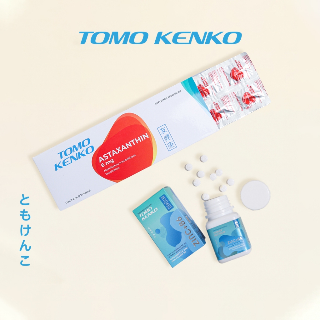 Tomo Kenko Combo Zinc + Vitamin B6 1 Botol dan Astaxanthin 6 mg 1Strip | Zinc Plus Astaxanthin
