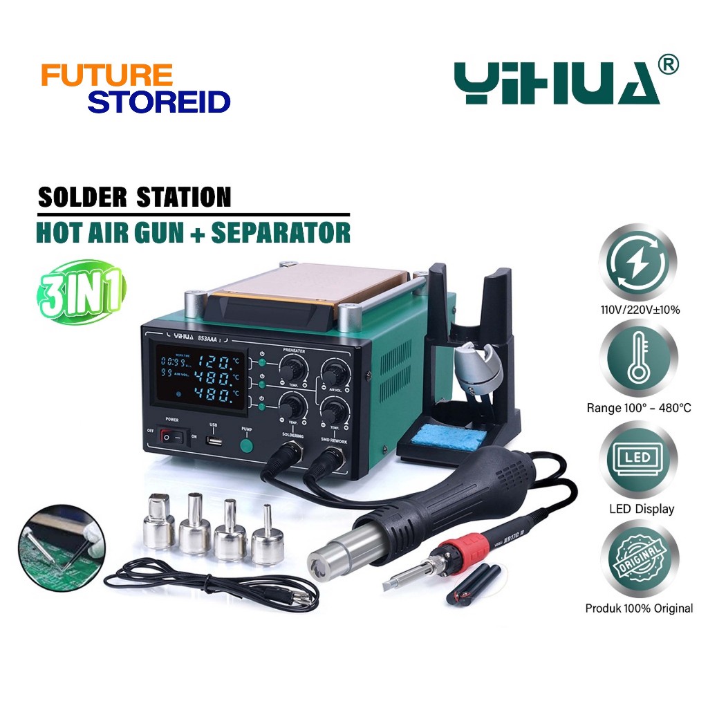 YIHUA 853AAA-I  BLOWER  SOLDER SEPARATION 110W GREEN CASE ORIGINAL - YIHUA 3IN1 BLOWER+SEPARATOR+SOL