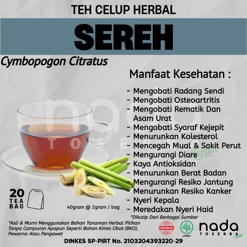 

Teh Celup Herbal SEREH / SERAI Isi 20 Tea Bag | Rematik, Asam Urat & Syarag Kejepit | Cymbopogon Citratus