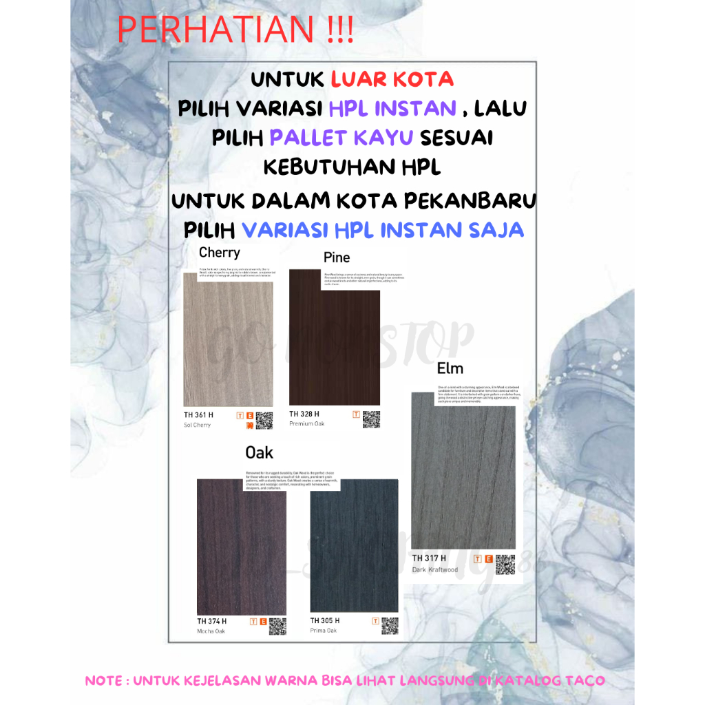 (LUAR KOTA WAJIB PALLET KAYU) HPL Taco Woodgrain TH 361/328/374/305/317 H