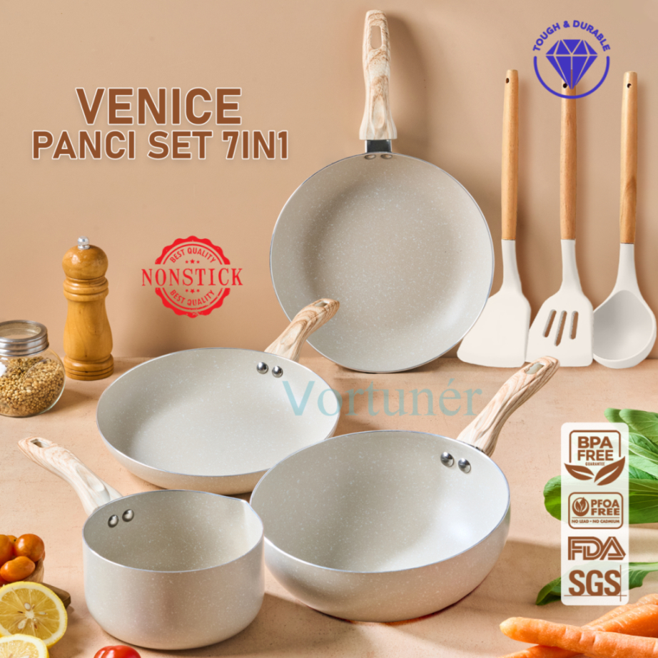 VORTUNER WAJAN SET 7in1 Venice panci set teflon marble putih anti lengket all cookware set