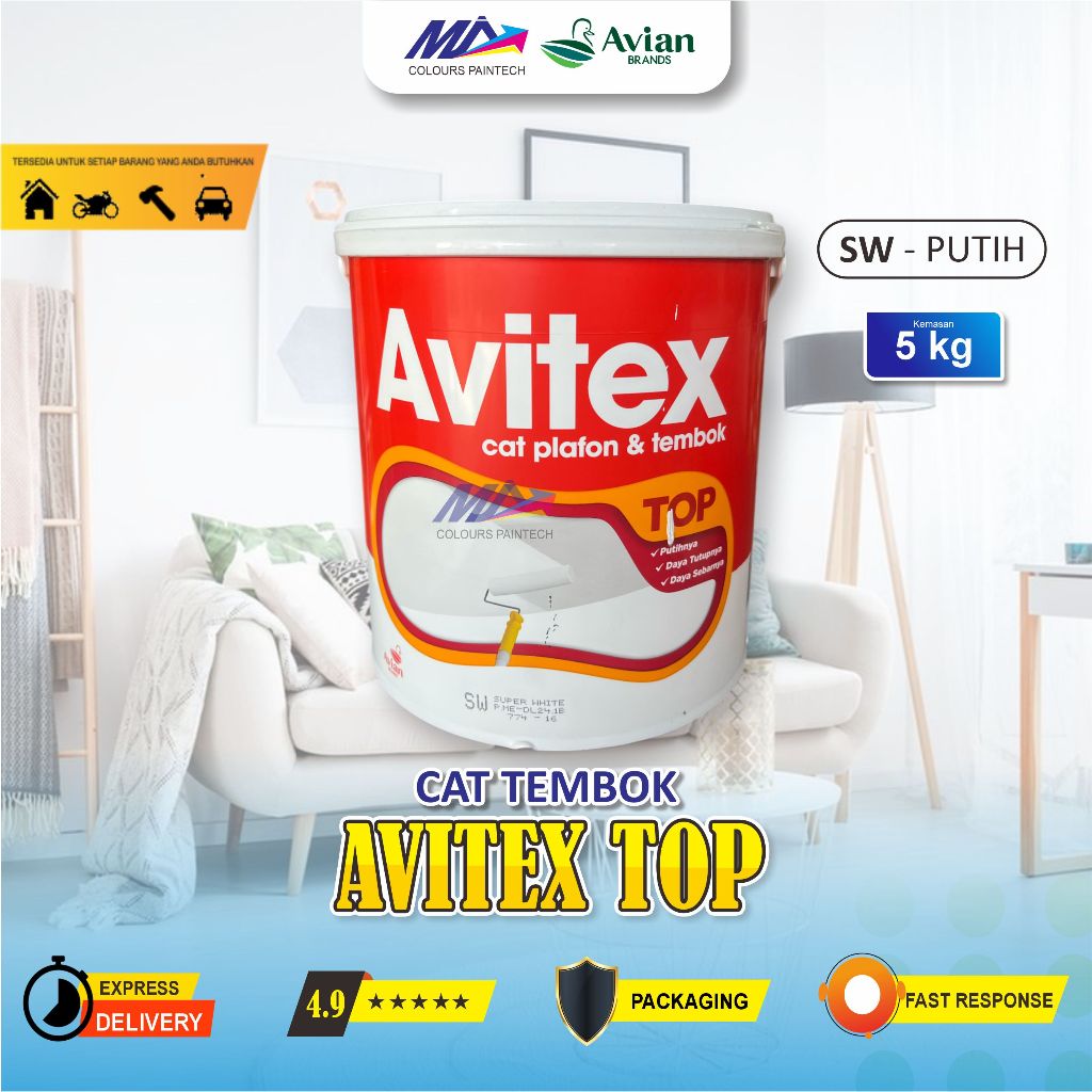 CAT TEMBOK AVIAN AVITEX TOP SW WARNA PUTIH KEMASAN 5 KG