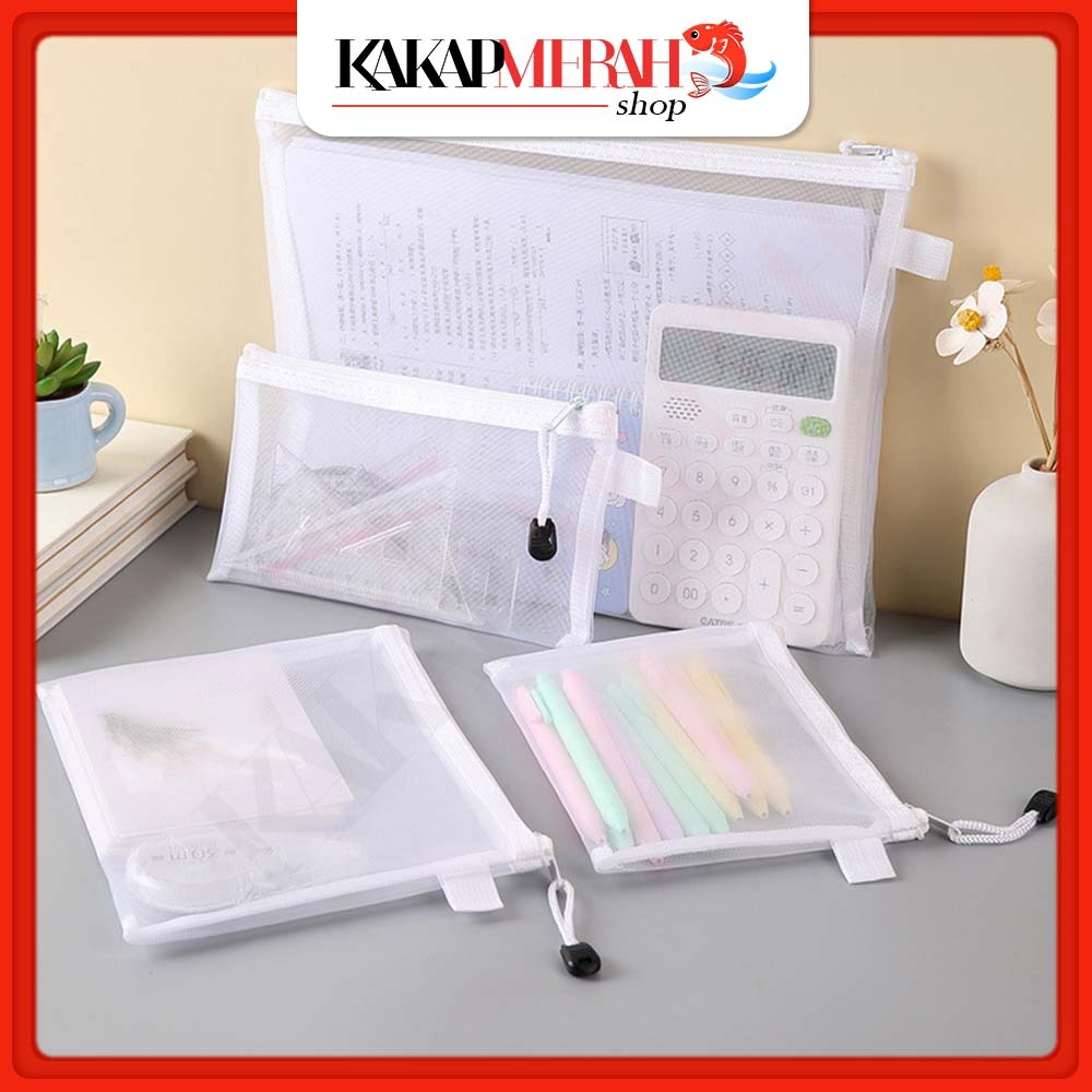 

Tempat Pensil Polos Mesh Jaring Transparan Dompet Map Koin Kosmetik Simple Style School