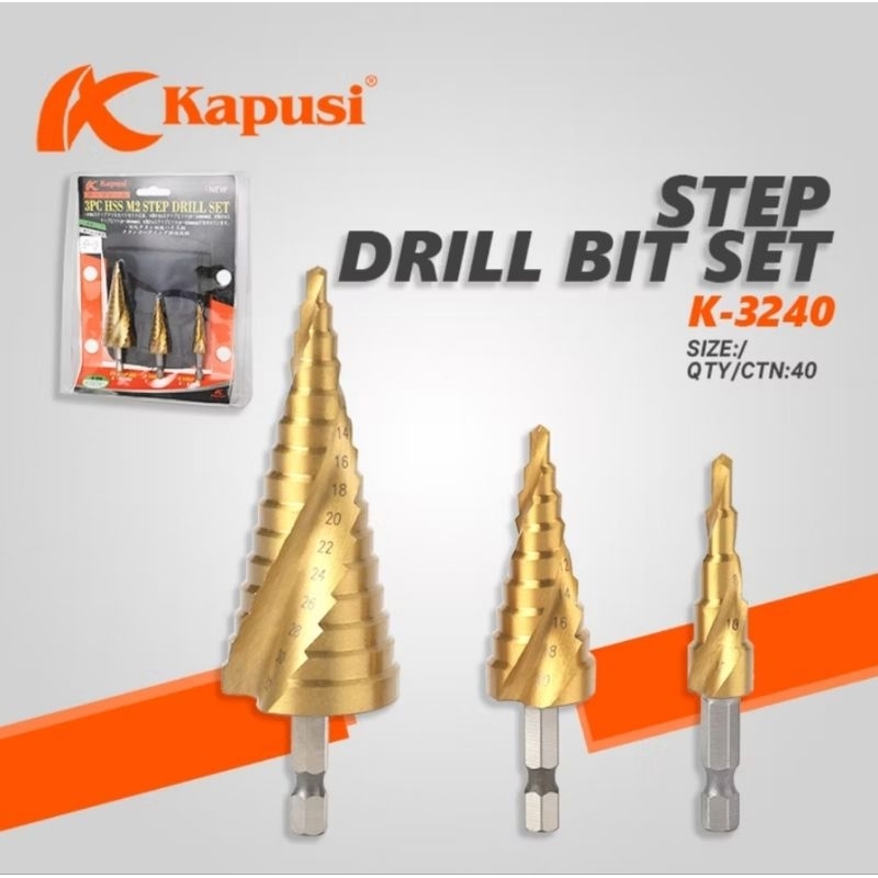 KAPUSI MATA BOR Pagoda Spiral , Multi Step Drill HSS TITANIUM BER-ULIR Original Kapusi Japan